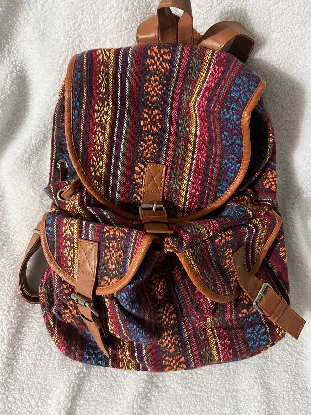 Bohemian Multi-Color Woven Backpack with Brown Trim from the Philippines